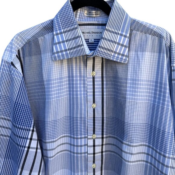 Michael Brandon Mens Blue White Check Plaid Button-Up Long Sleeve Dress Shirt XL - Picture 3 of 9